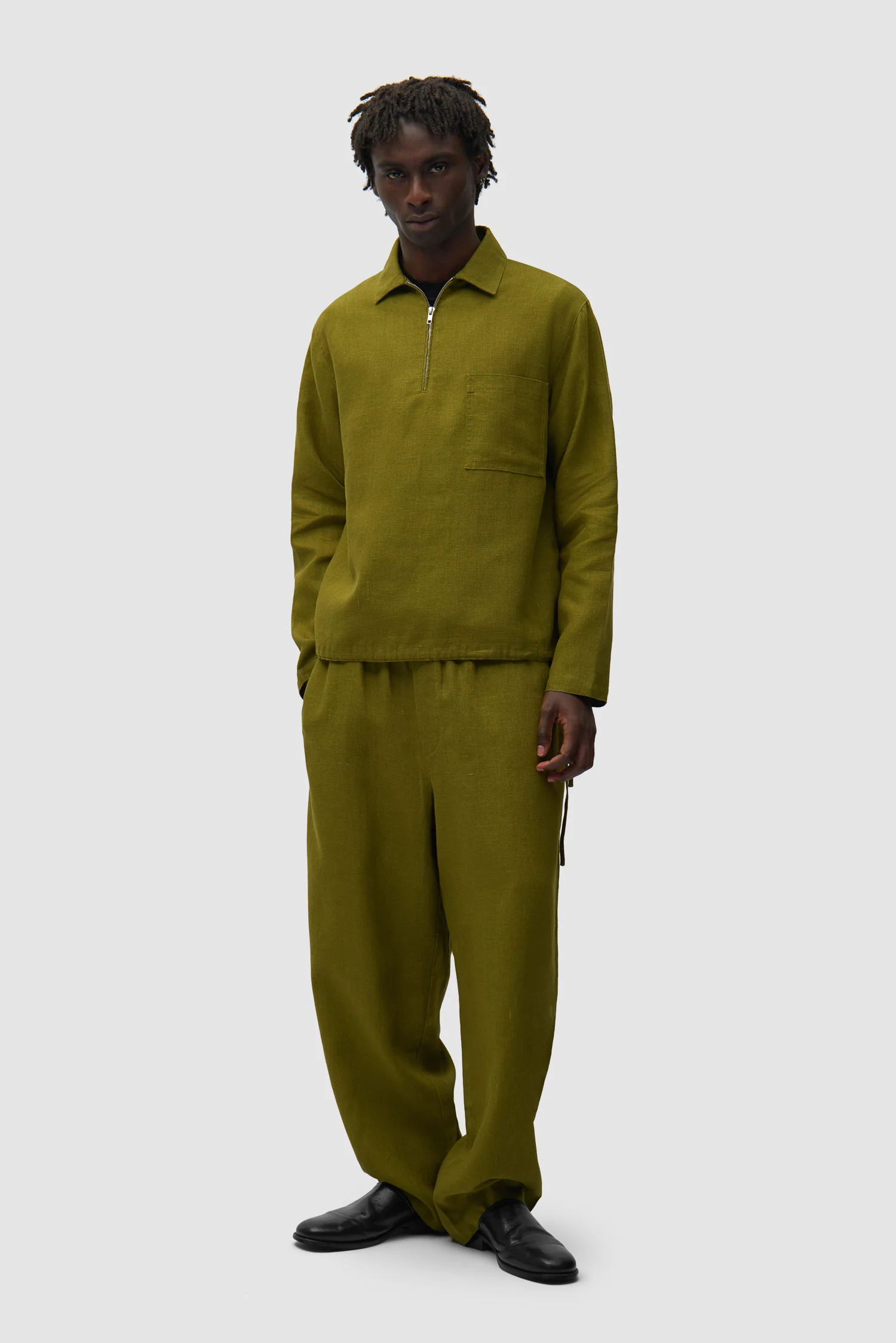 Linen Quarter Zip Pullover - Green - Image 5